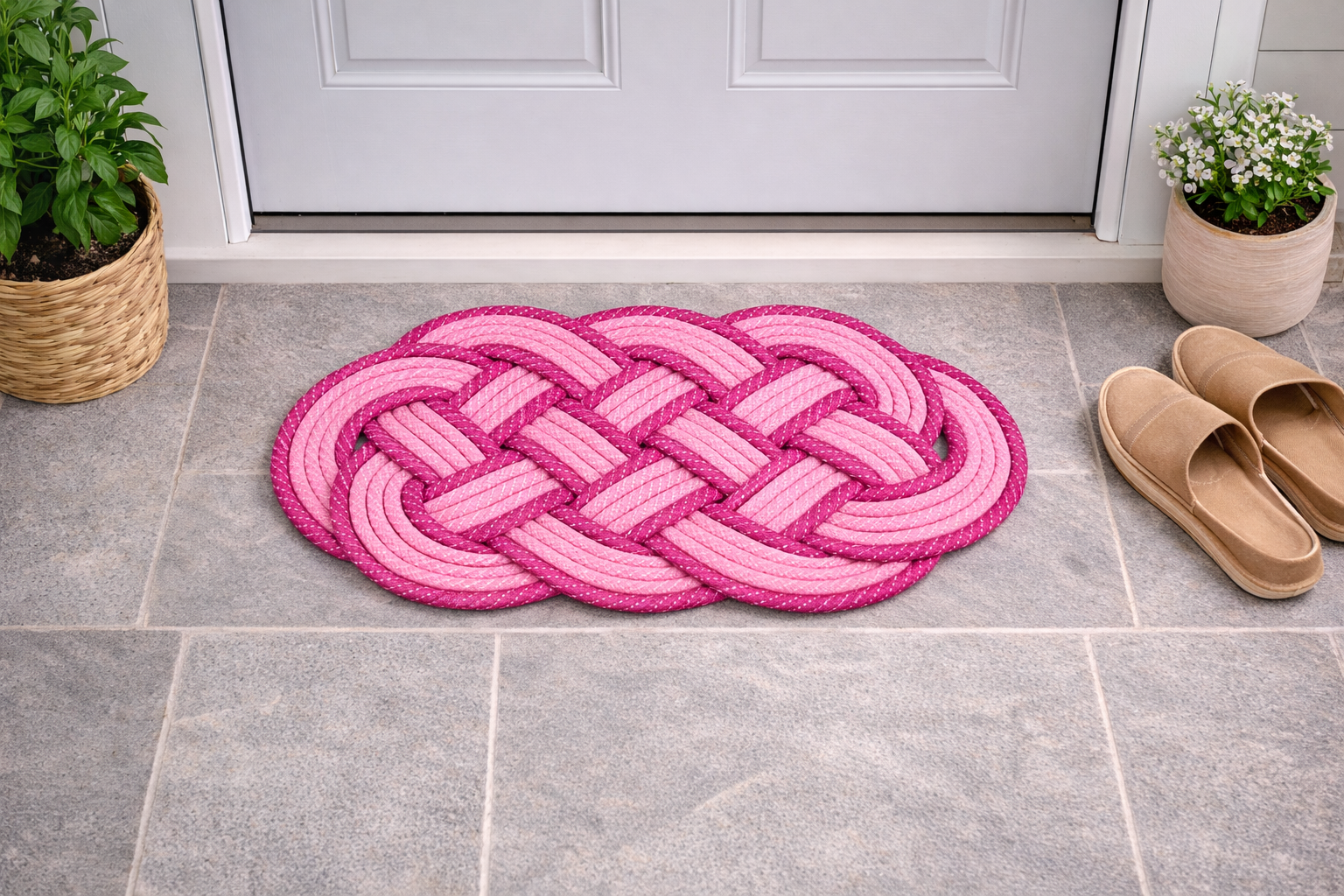 FOURNEDLEE Braided Doormat Dark Pink | Floor Mat for Home | Weather Proof PP Yarn | Essential Small Rug for Office, Bedroom & Kitchen| Extra long Oval shape design for Indoor & Outdoor Entrances